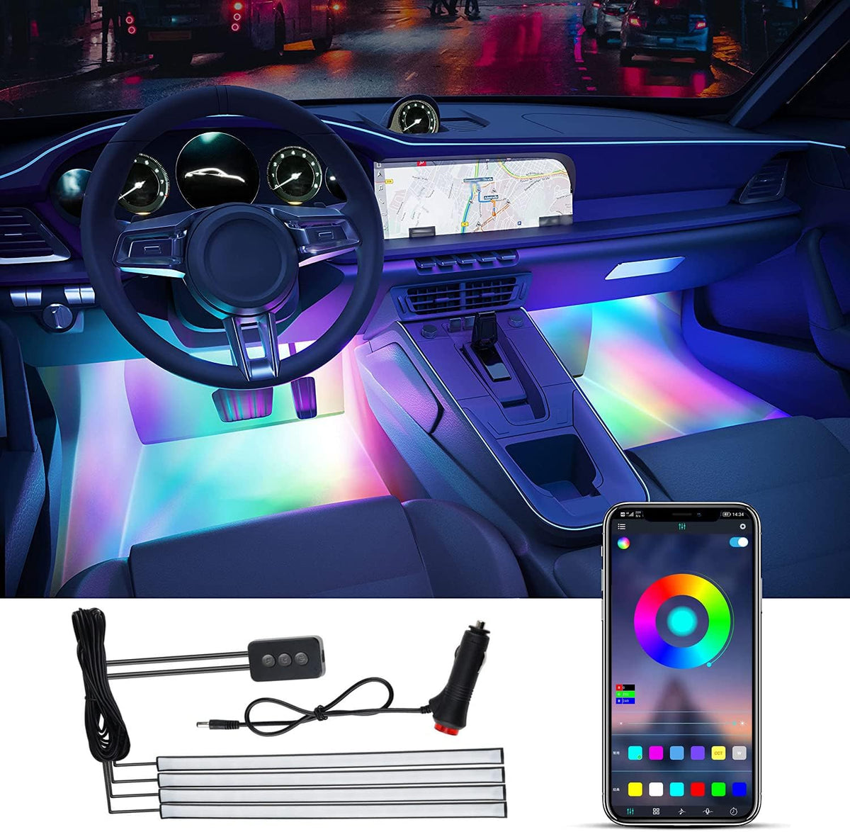 Decorative Neon Light Strip Set for Car, Pickup Truck, Van, SUV (4Pcs Under Glow LED Lighting Strip 23.62x35.43 inch) Pack of 2 U2833