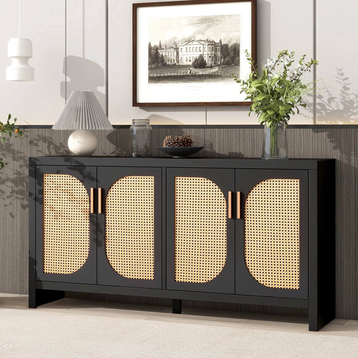 Modern TV Stand with Rattan Doors and Adjustable Shelves O81697