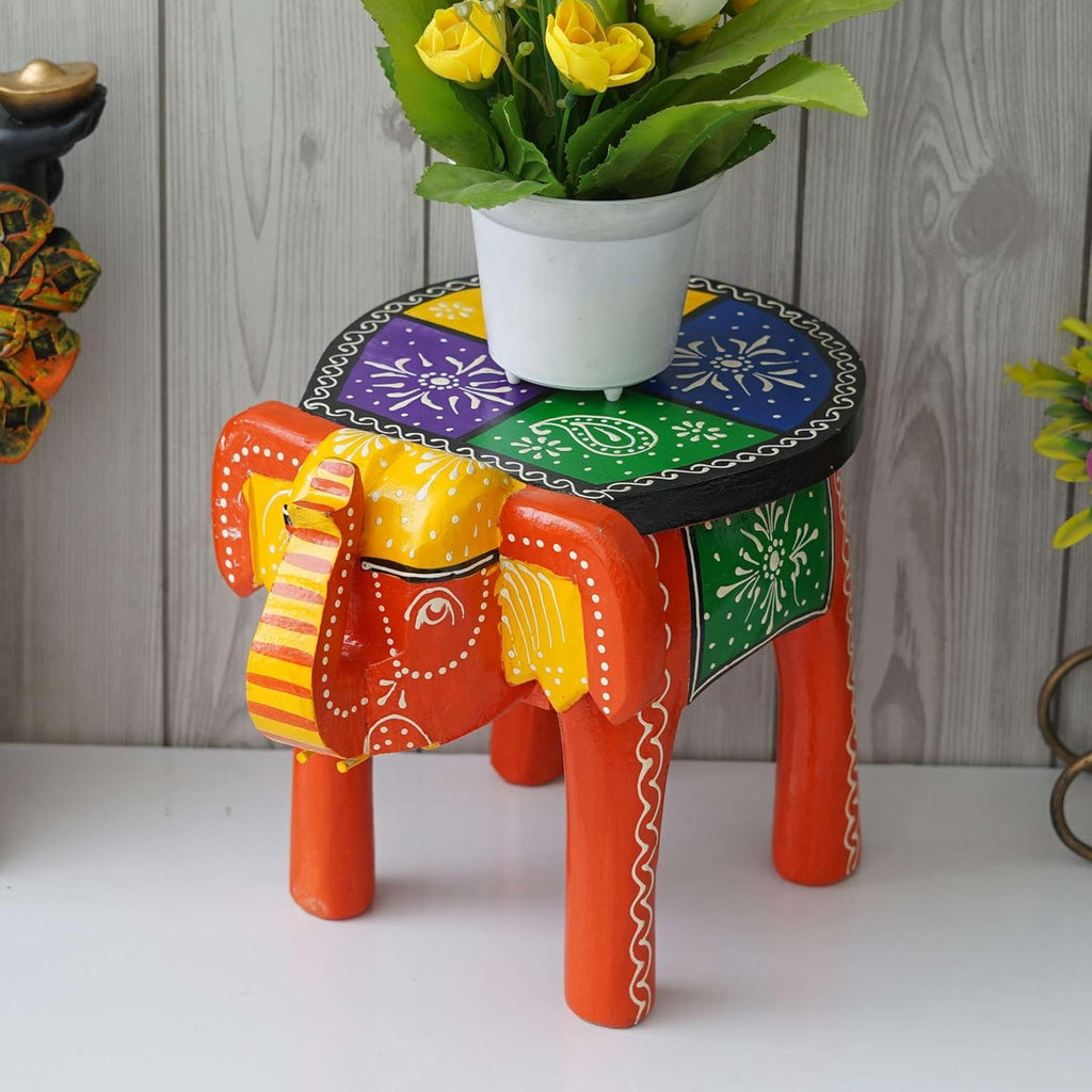 Handcrafted Emboss Painted Colorful Wooden Elephant Shape Stool Table Medium F58894