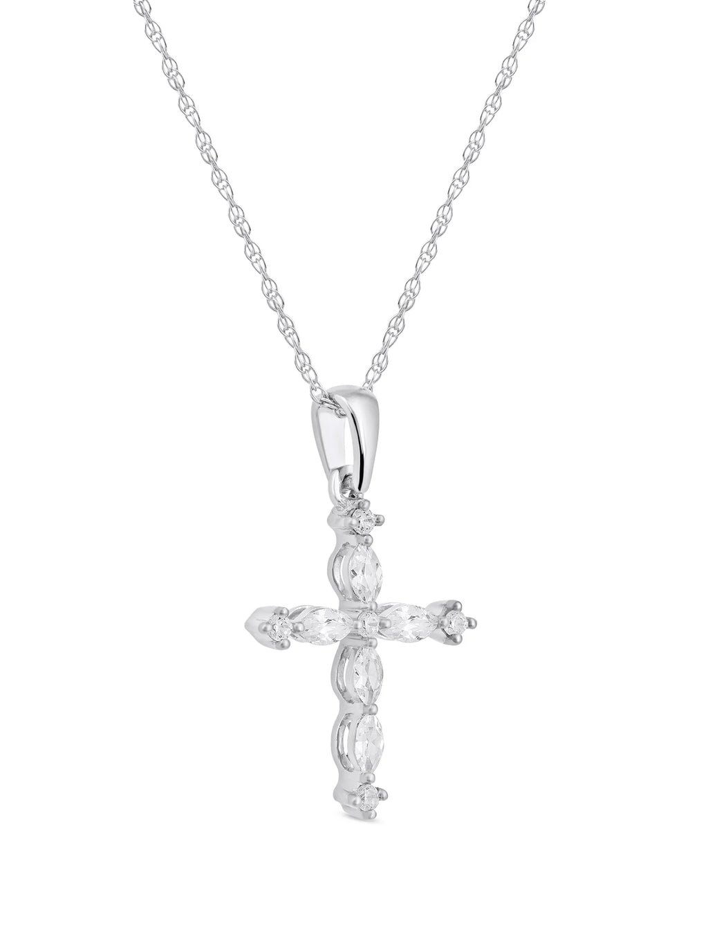 10K White Gold Marquise and Round Diamond Cross Pendant Necklace M4640