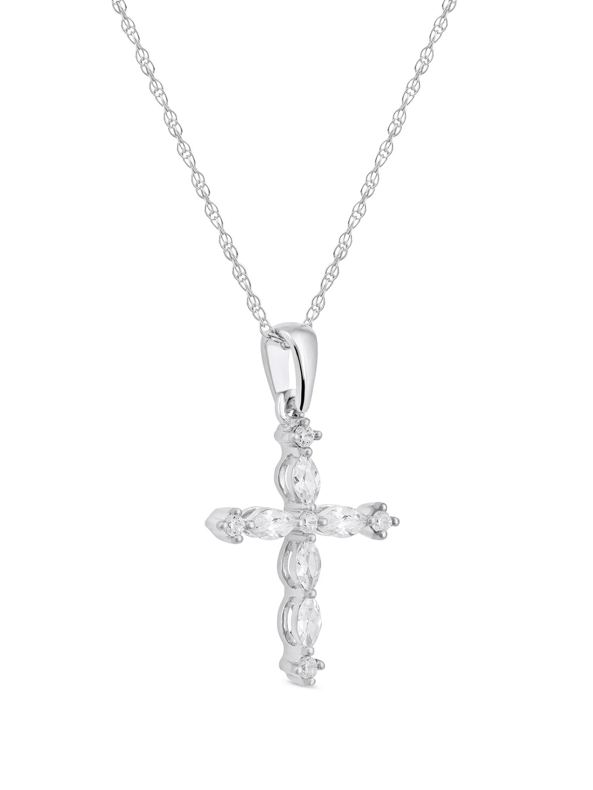 10K White Gold Marquise and Round Diamond Cross Pendant Necklace M4640