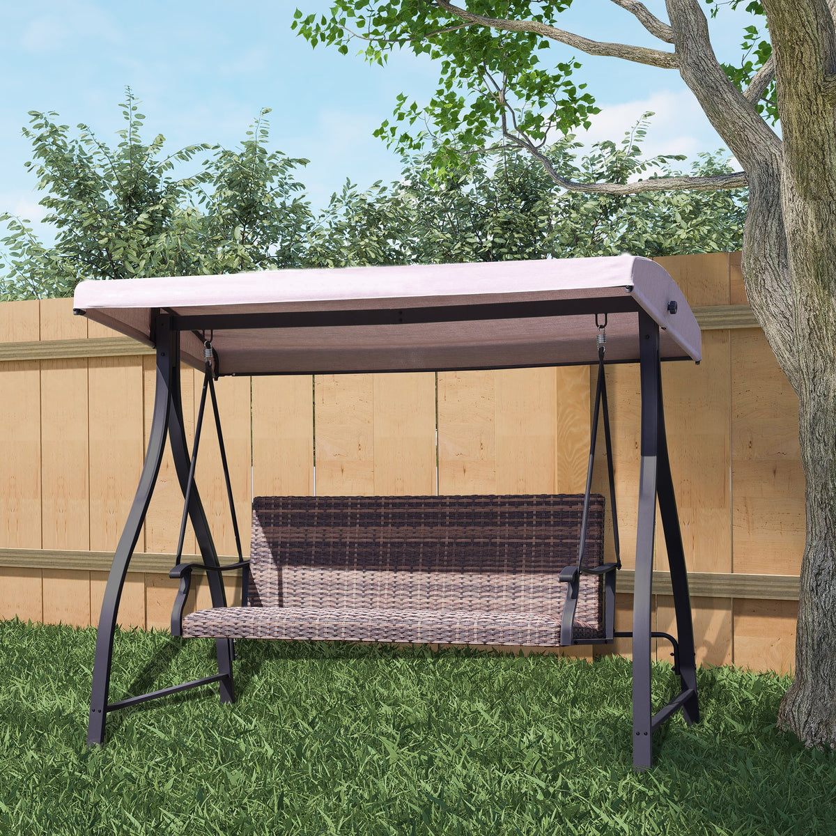 3 Seat Outdoor Rattan Patio Swing with Brown Canopy M366934