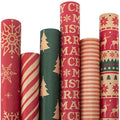 6 Rolls Kraft Christmas Wrapping Paper with Snowflake/Tree/Red Stripe/Merry Christmas Pattern, 17 inch x 120 inch Per Roll X883912
