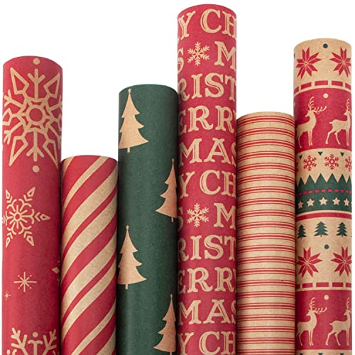 6 Rolls Kraft Christmas Wrapping Paper with Snowflake/Tree/Red Stripe/Merry Christmas Pattern, 17 inch x 120 inch Per Roll X883912