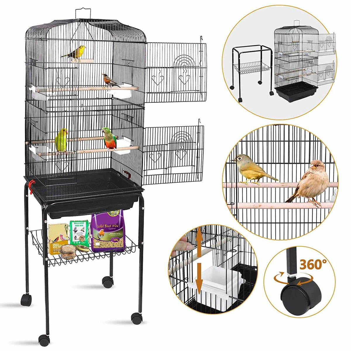 Black Wrought Iron Bird Cage with Rolling Stand G27143