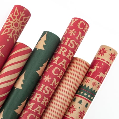 6 Rolls Kraft Christmas Wrapping Paper with Snowflake/Tree/Red Stripe/Merry Christmas Pattern, 17 inch x 120 inch Per Roll X883912