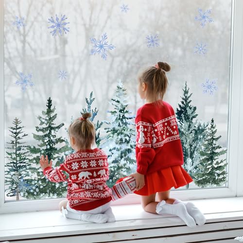 9 Sheet Christmas Window Clings Snowy Forest Trees Double-Sided Reusable Winter Window Decals Y922759