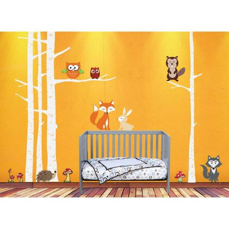 White Birch Tree Woodland Forest Animal Vinyl Wall Decal 84x22 H x 132x22 W O32670