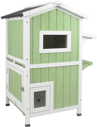Outdoor Cat Shelter Weatherproof Two Story Wooden Cat House with Openable Roof Escape Door D1080