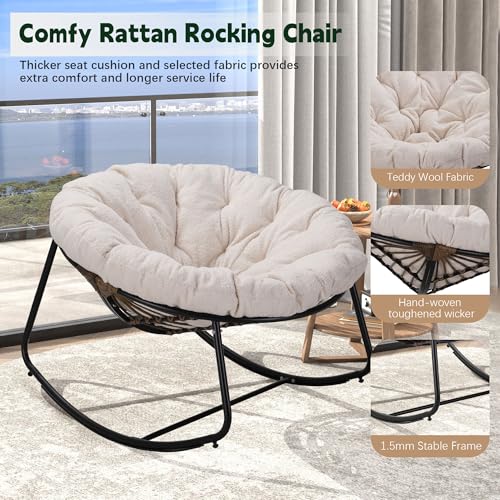 Oversized Wicker Rocking Chair with Beige Cushion O581