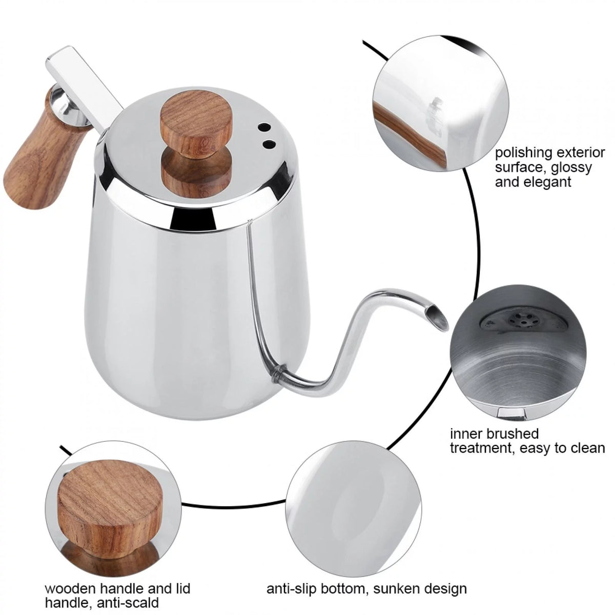 304 Stainless Steel Wooden Handle Drip Coffee Pot P7980