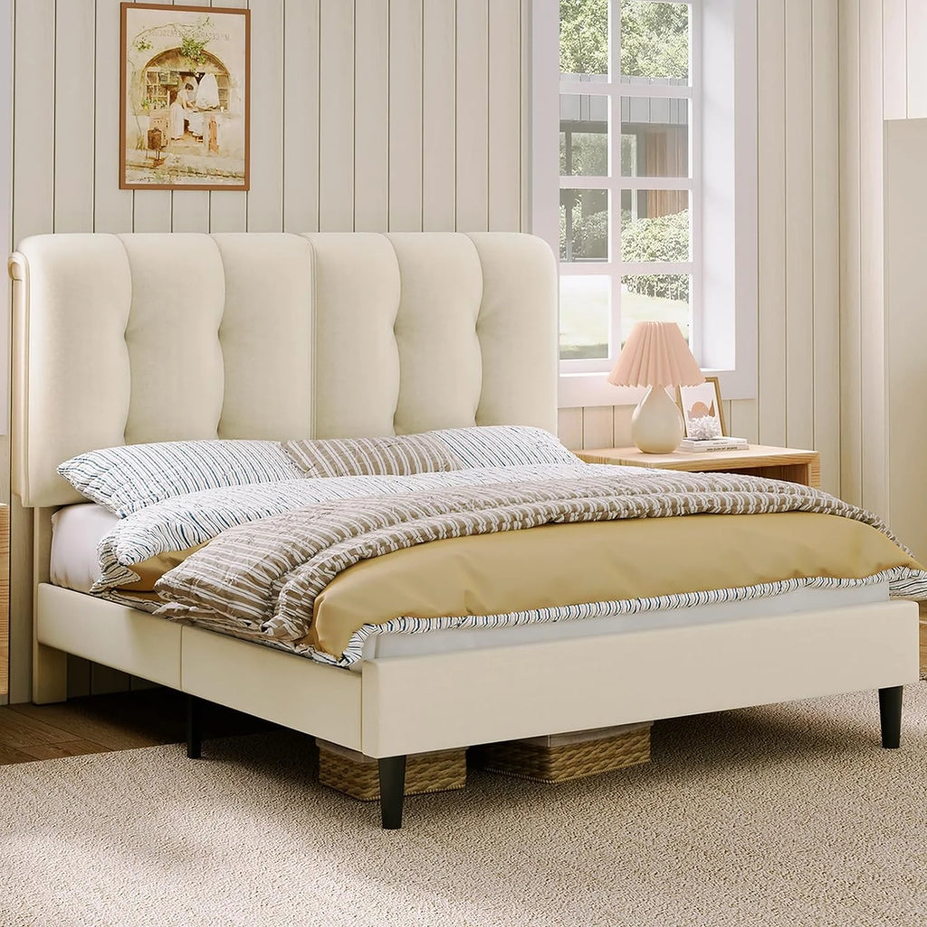 Queen Velvet Upholstered Platform Bed with Adjustable Headboard A158119