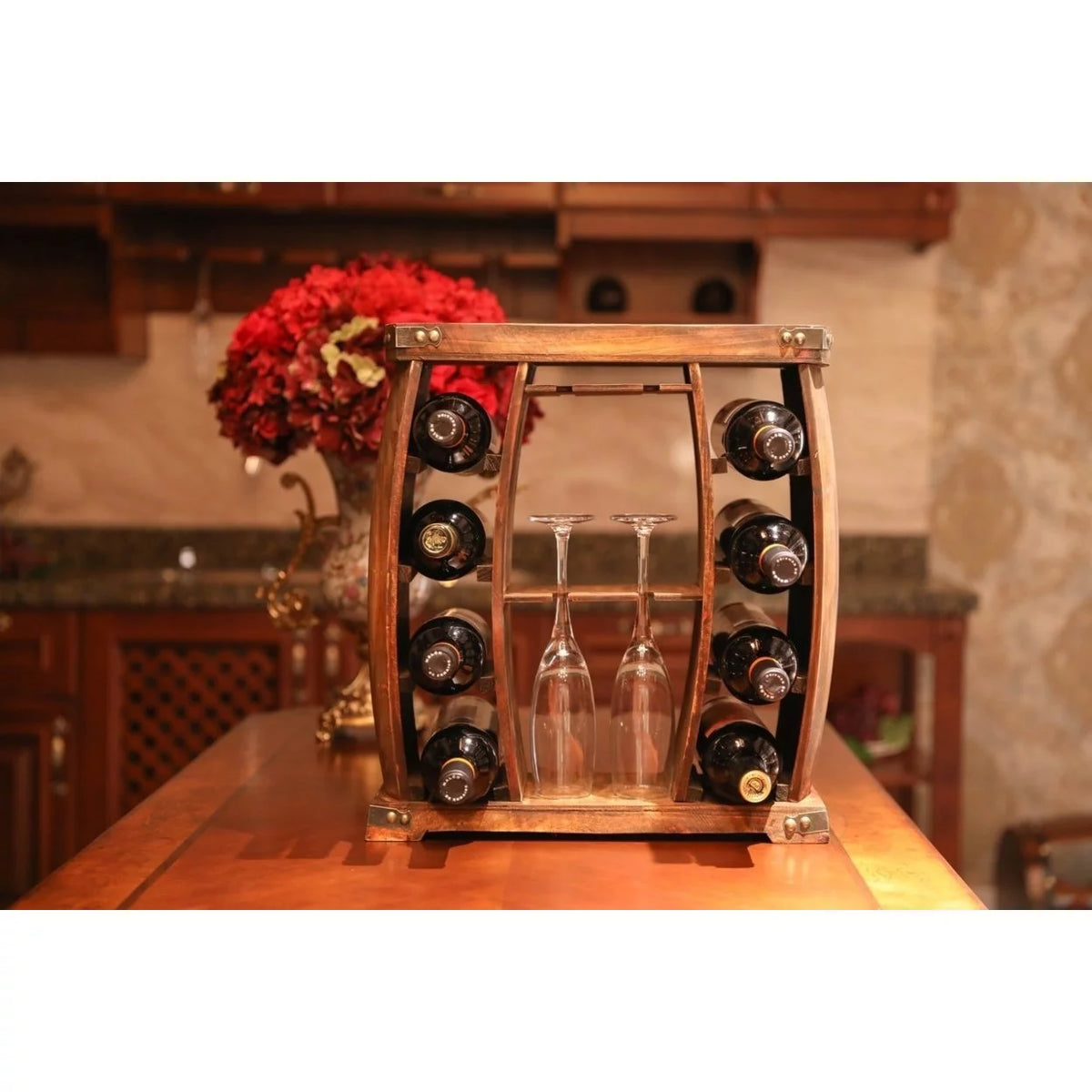 8 Bottle Wooden Wine Rack with Glass Holder S850