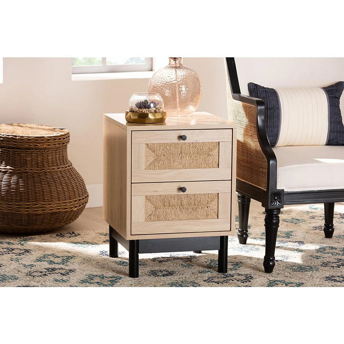 Light Brown Black Wood 2-Drawer Square End Table P4932