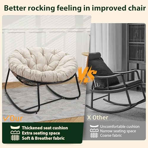Oversized Wicker Rocking Chair with Beige Cushion O581