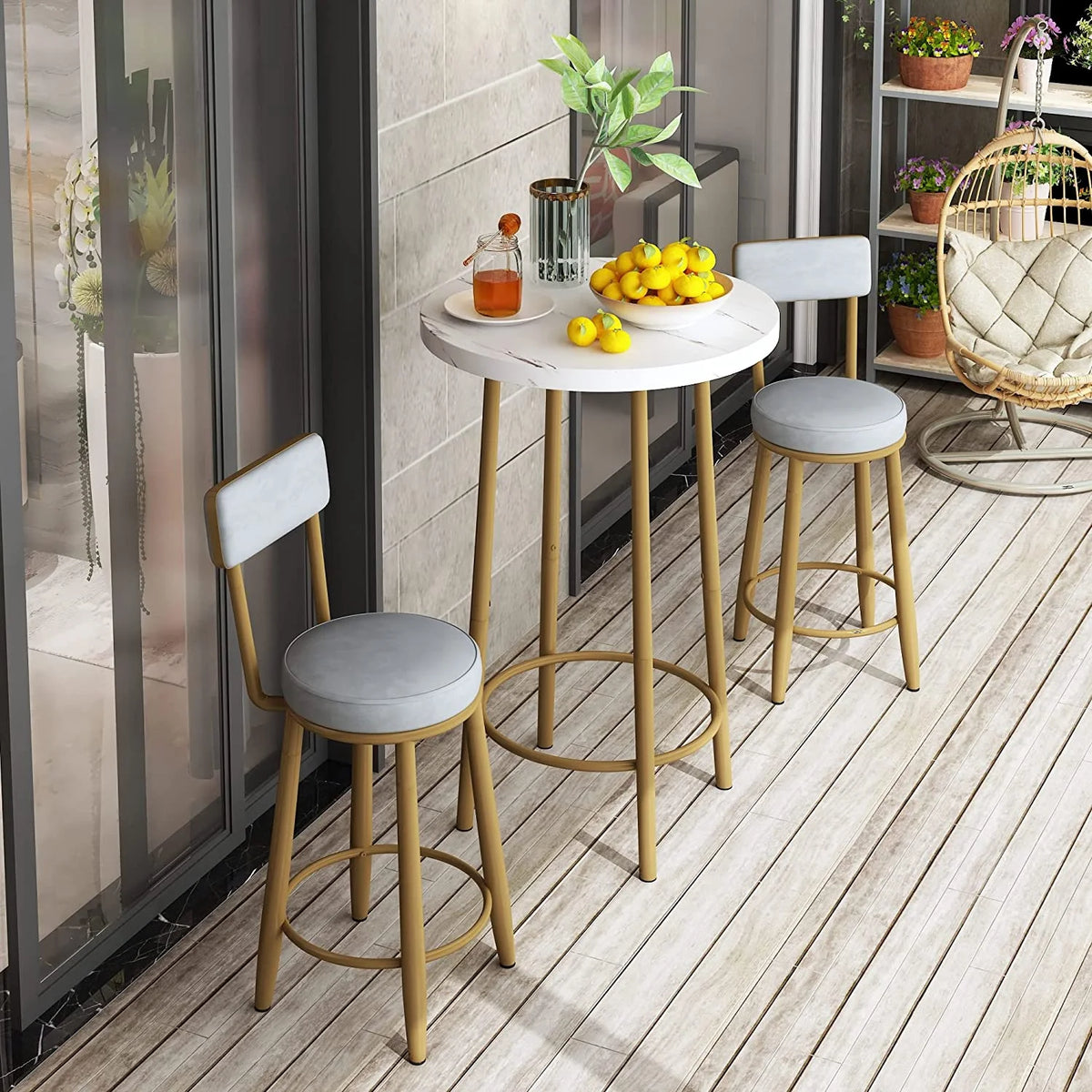 3-Piece Faux Marble Bar Table and 2 Upholstered Stools with Backrest Z10884