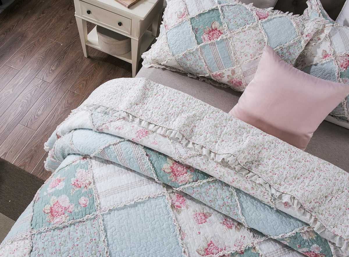 Cottage Patchwork Cotton Floral Bedspread Quilt Set Queen 3-Pieces Q24487