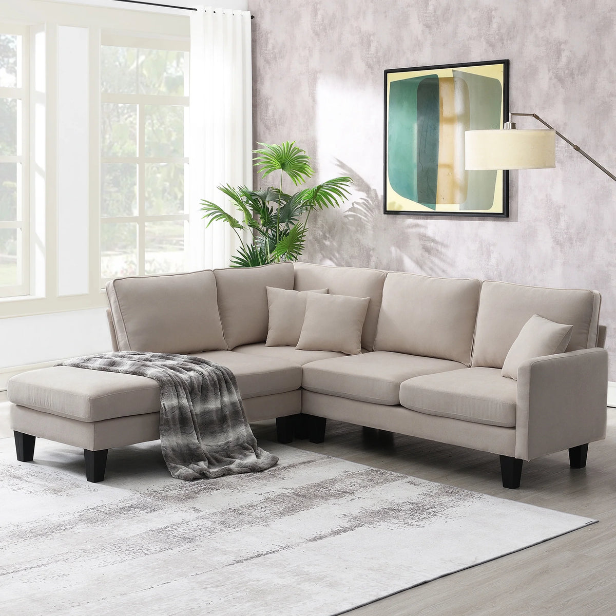 Beige L Shape Sectional Sofa with Recliner U255978