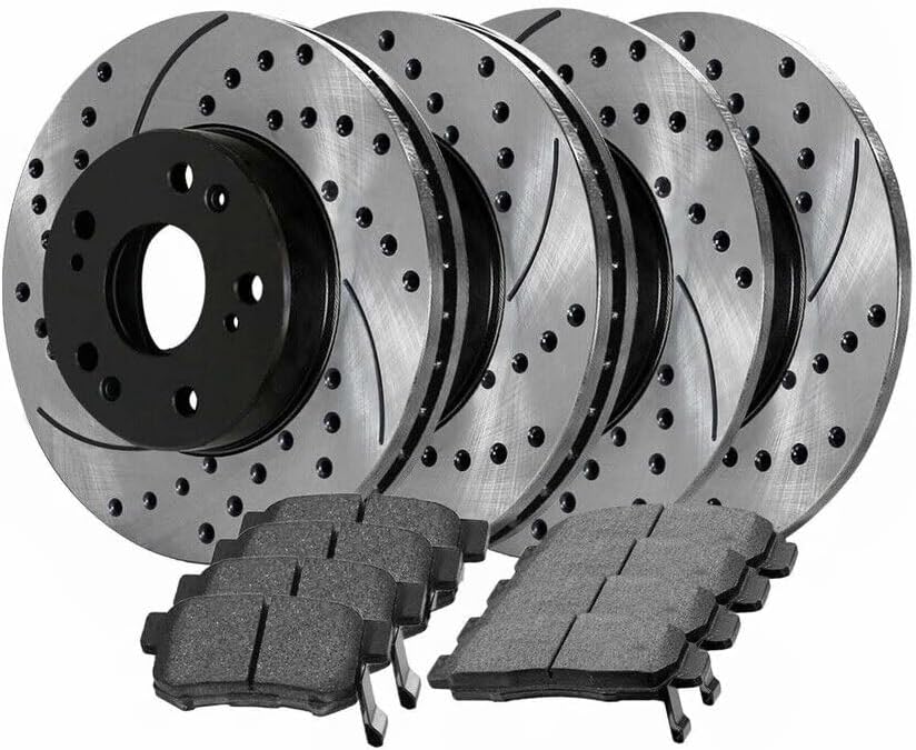 8pcs Ceramic Brake Pad Sets 4pcs Drilled and Slotted Rotors Kit Black T7845