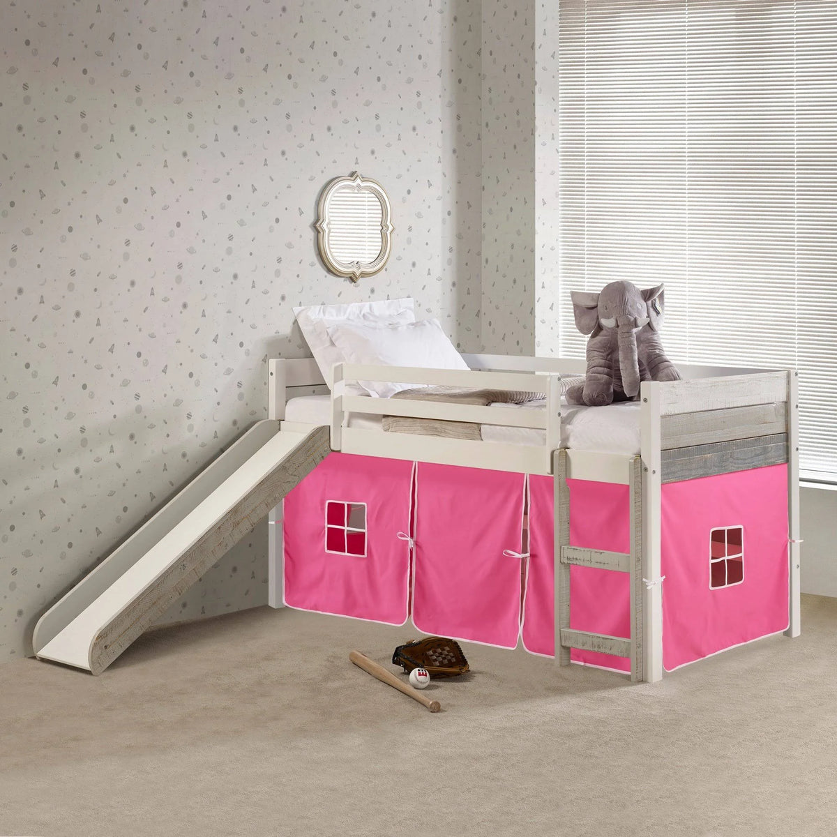Twin Panel Low Loft Bed with Slide in Two-Tone Grey/White Finish K324