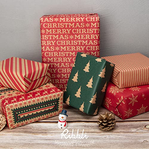 6 Rolls Kraft Christmas Wrapping Paper with Snowflake/Tree/Red Stripe/Merry Christmas Pattern, 17 inch x 120 inch Per Roll X883912
