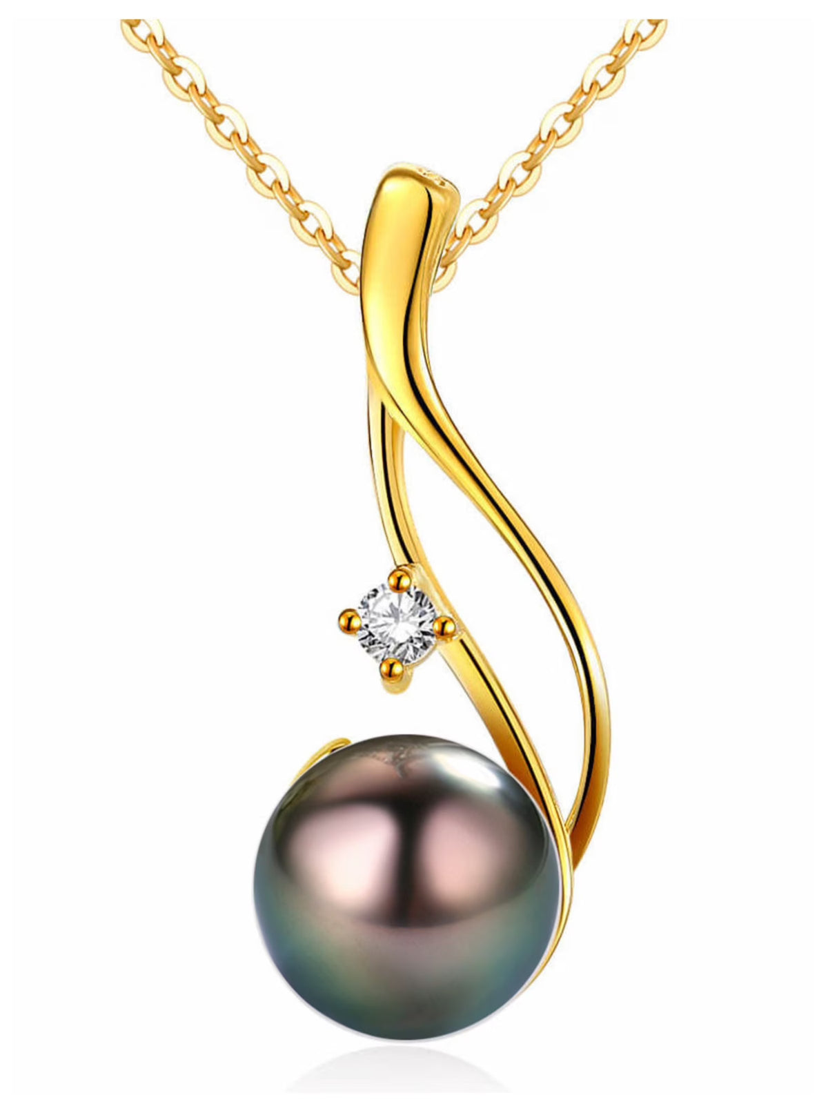 Genuine Tahitian Black Pearl Pendant Necklace in 18k Yellow Gold Plated 925 Sterling Silver I986203