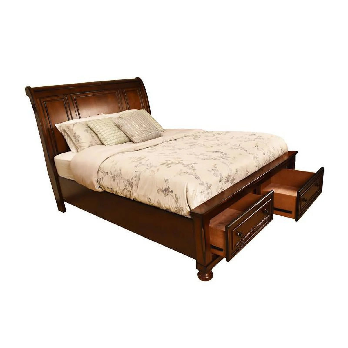 Brown Wood Platform King Bed with Headboard and 2 Storage Drawers U607914