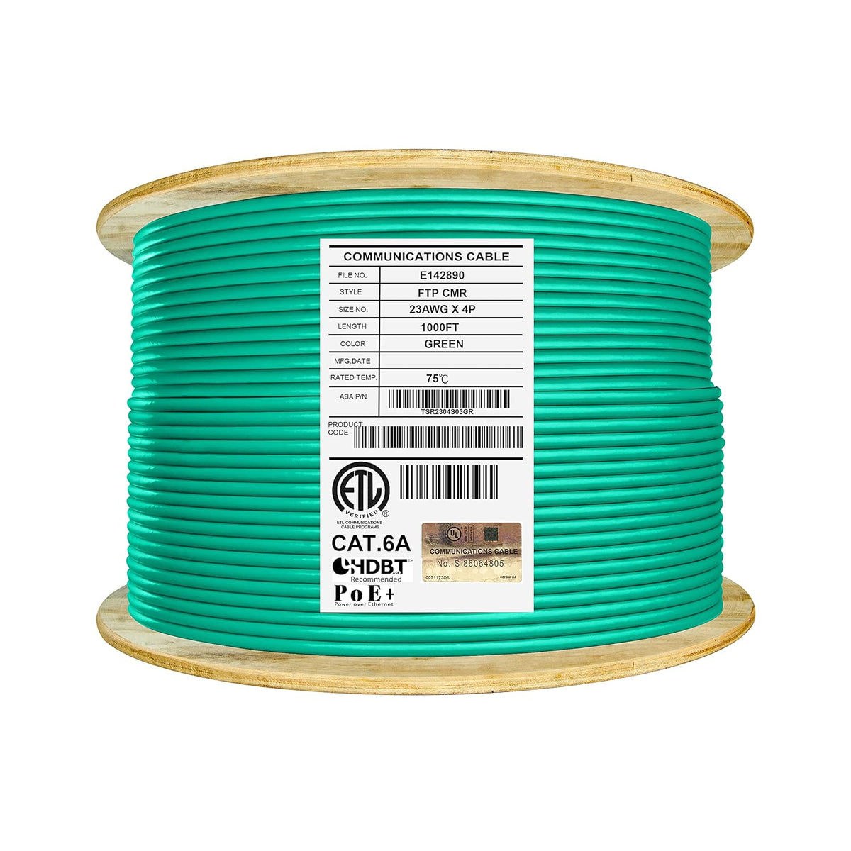 Bulk Ethernet Cable Reel, Cat6A Shielded Riser, 1000ft, FTP 23AWG, Solid Bare Copper, Blue B741902