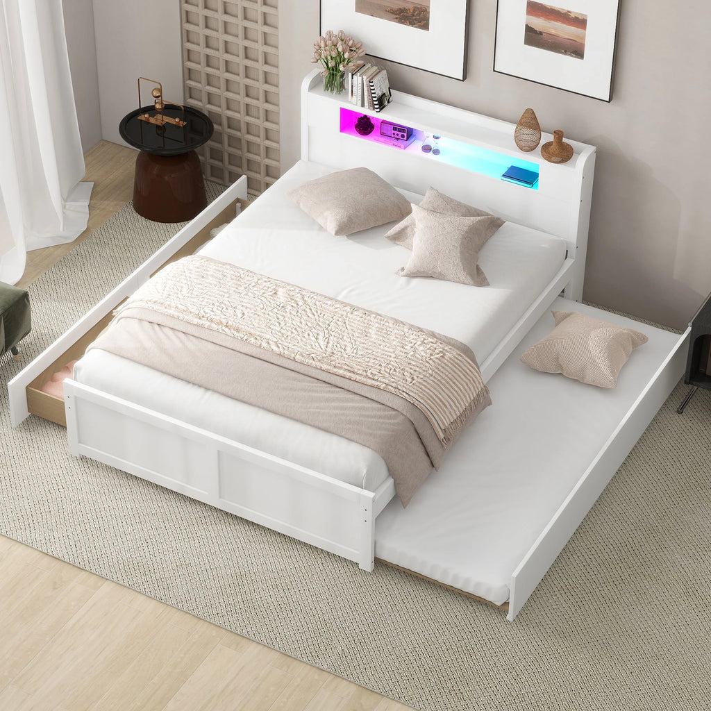 Queen Size White Wood Storage Platform Bed with 2 Drawers and Trundle O453266