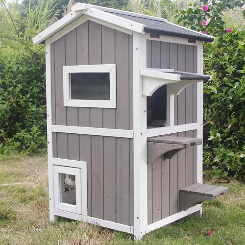 Outdoor Cat Shelter Weatherproof Two Story Wooden Cat House with Openable Roof Escape Door D1080