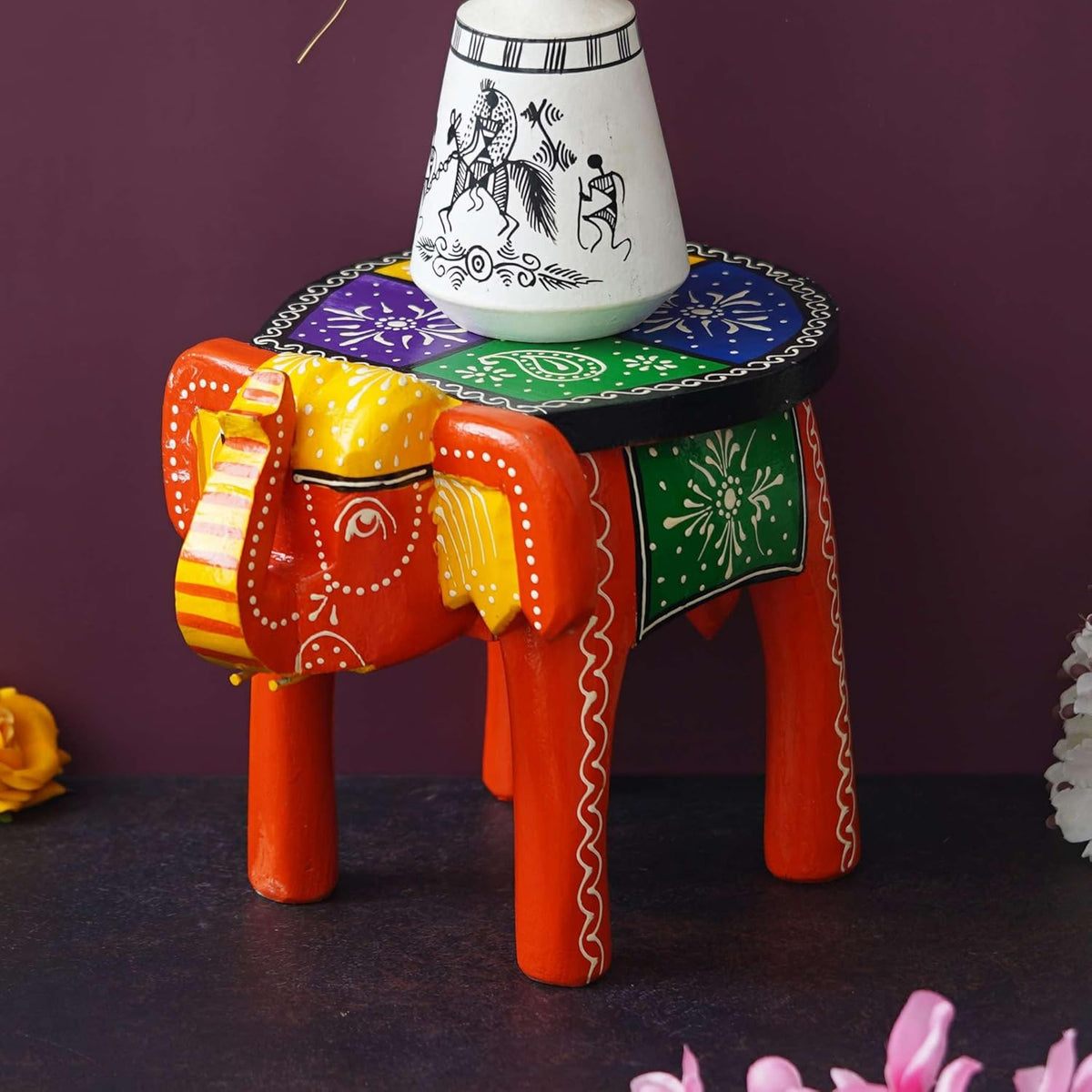 Handcrafted Emboss Painted Colorful Wooden Elephant Shape Stool Table Medium F58894