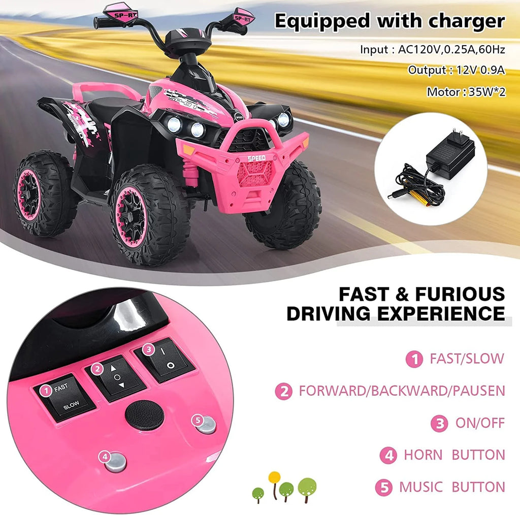 12V 4 Wheeler Quad Toy Ride On ATV with LED Lights (Coral) P8722