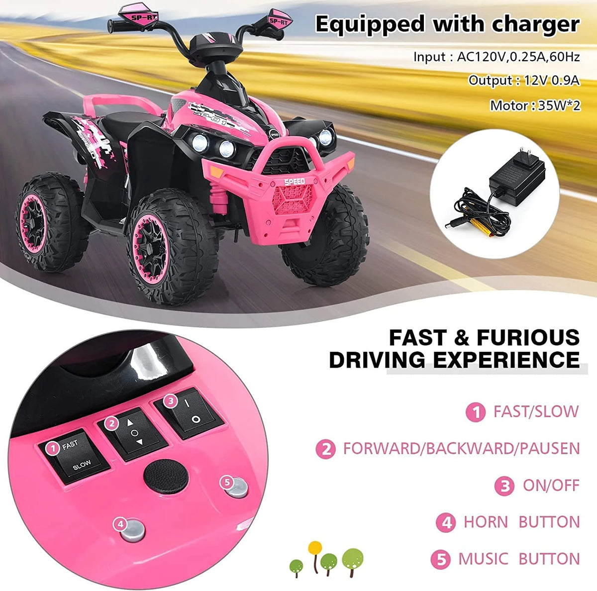 12V 4 Wheeler Quad Toy Ride On ATV with LED Lights (Coral) P8722