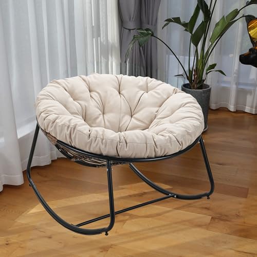 Oversized Wicker Rocking Chair with Beige Cushion O581