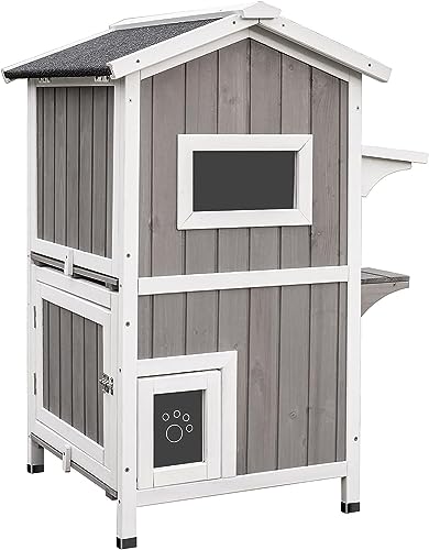 Outdoor Cat Shelter Weatherproof Two Story Wooden Cat House with Openable Roof Escape Door D1080