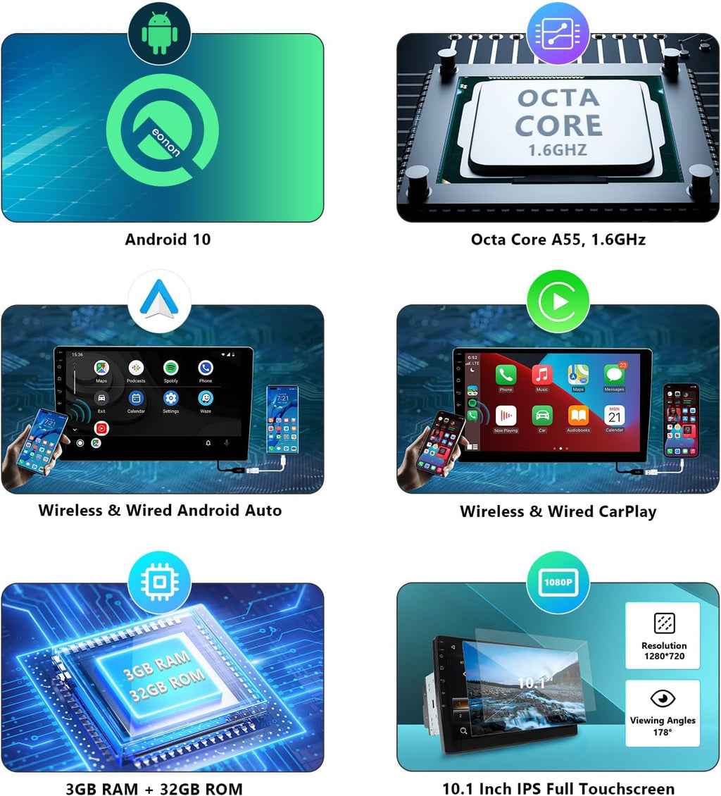 Android 10.0 Car Stereo, CarPlay & Android Auto, Double Din, 10.1 Inch E204316