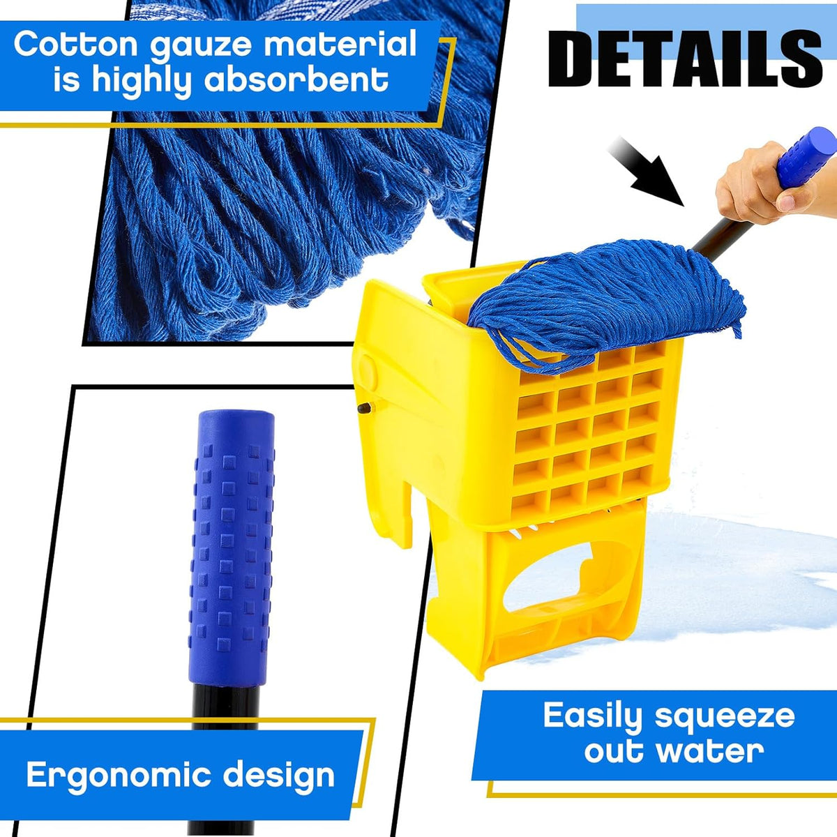 Yellow Mop Wringer with Handle, Blue Mop Head Refill B4919