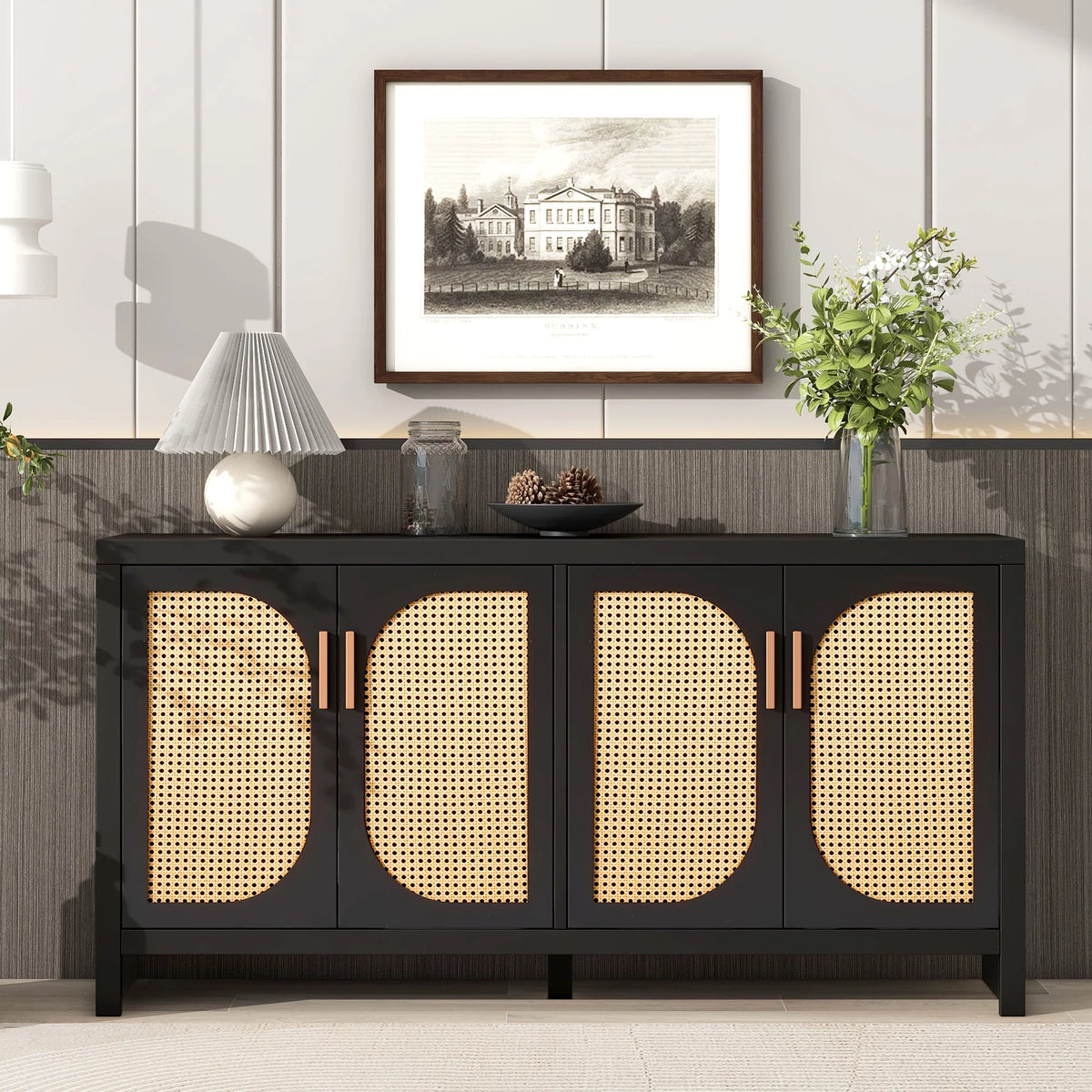 Modern TV Stand with Rattan Doors and Adjustable Shelves O81697