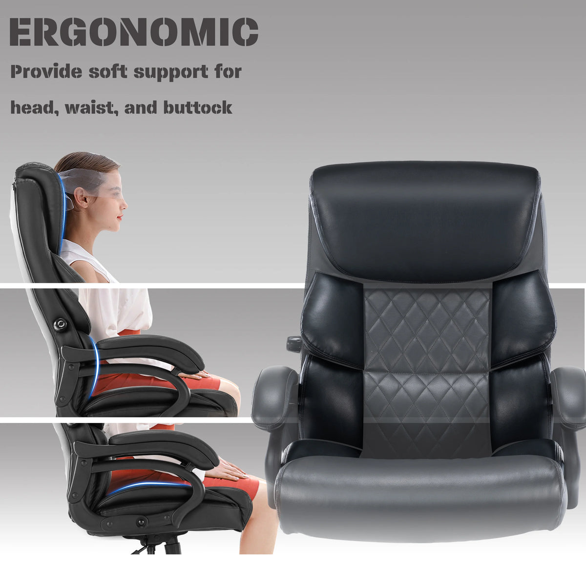 Black Leather Executive Office Chair with Adjustable Lumbar Support N1219