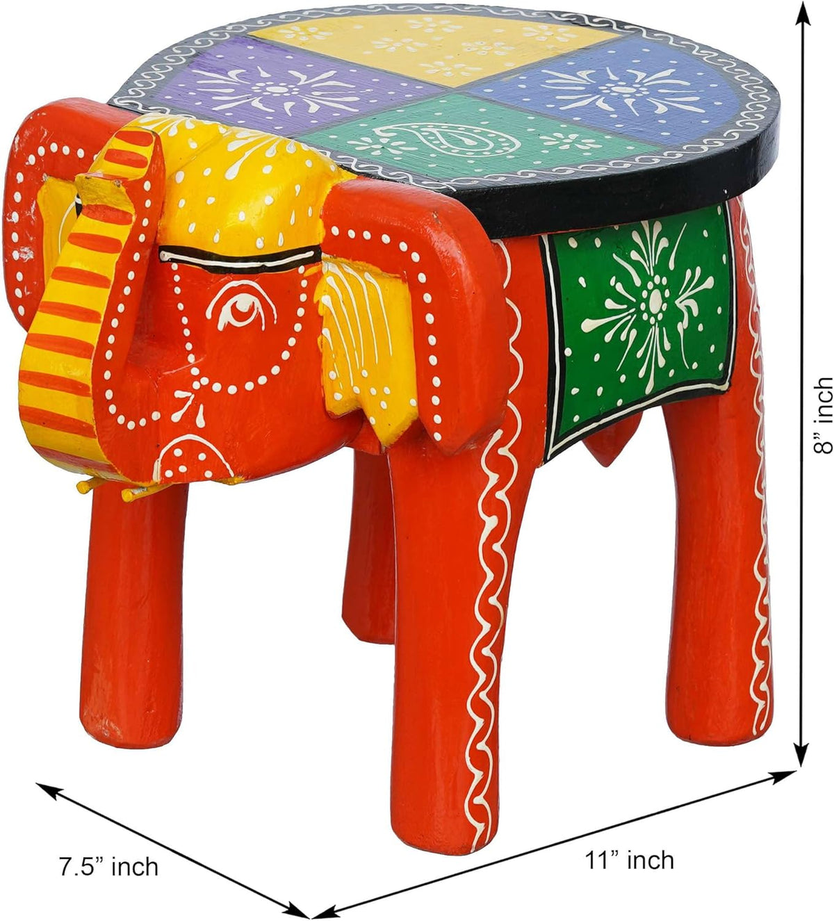 Handcrafted Emboss Painted Colorful Wooden Elephant Shape Stool Table Medium F58894