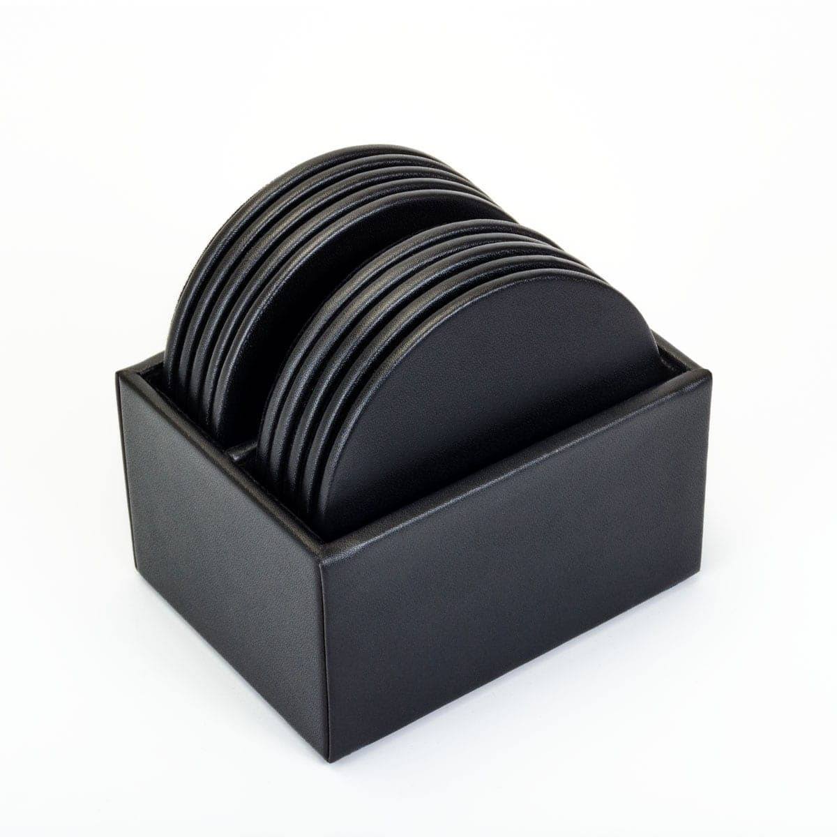 Black Leather 10 Round Coaster Set with Holder X228