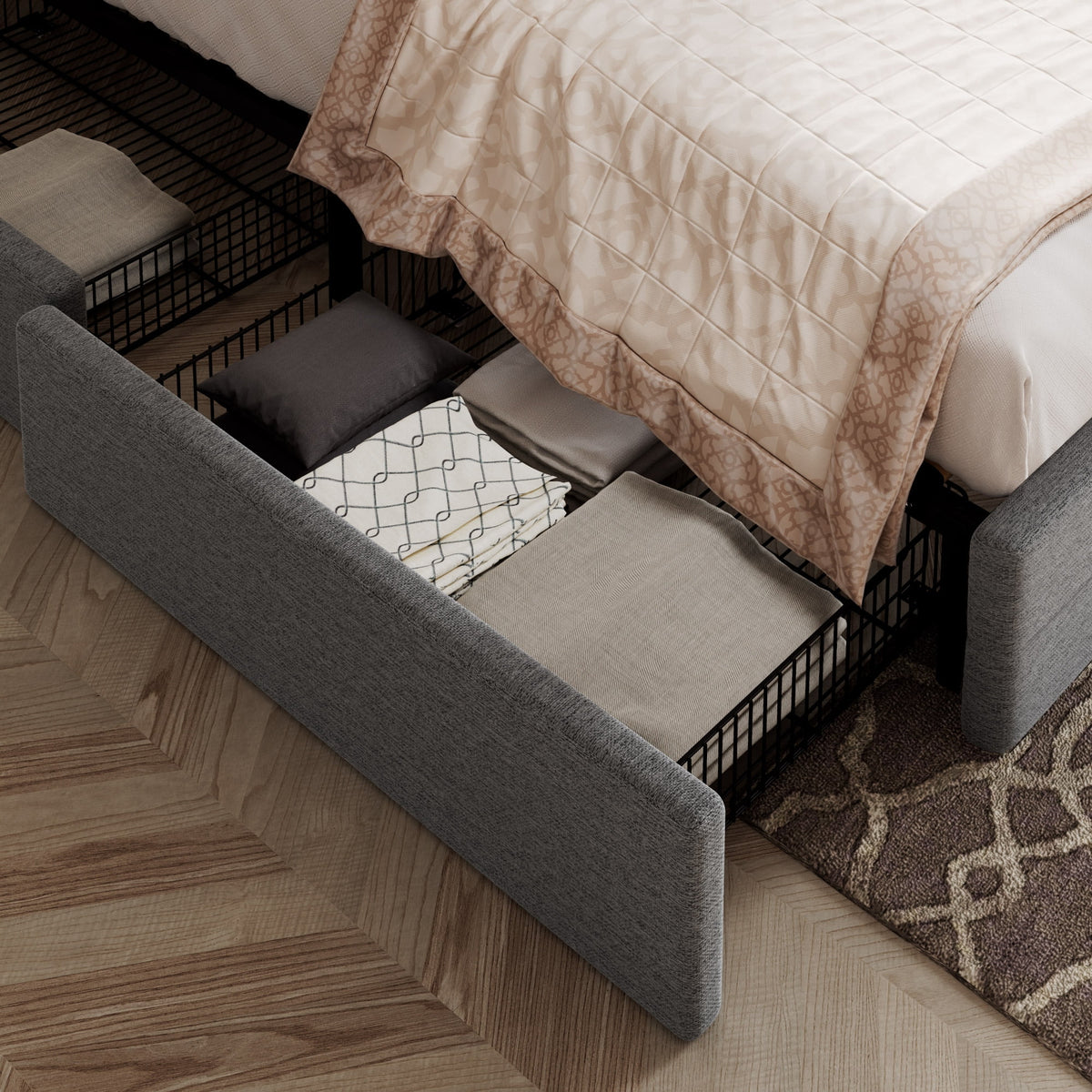 Light Grey Queen Platform Bed Frame with 4 Drawers Storage T1156