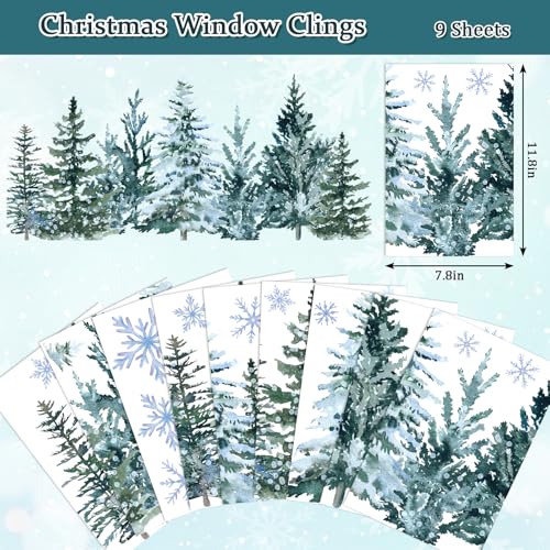 9 Sheet Christmas Window Clings Snowy Forest Trees Double-Sided Reusable Winter Window Decals Y922759