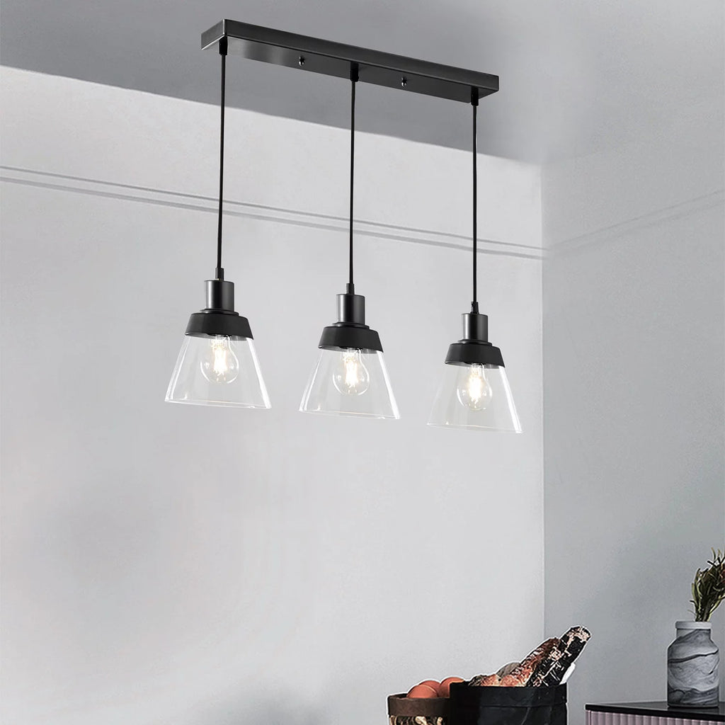 Black Finish Clear Glass 3-Light Island Pendant Light H70187