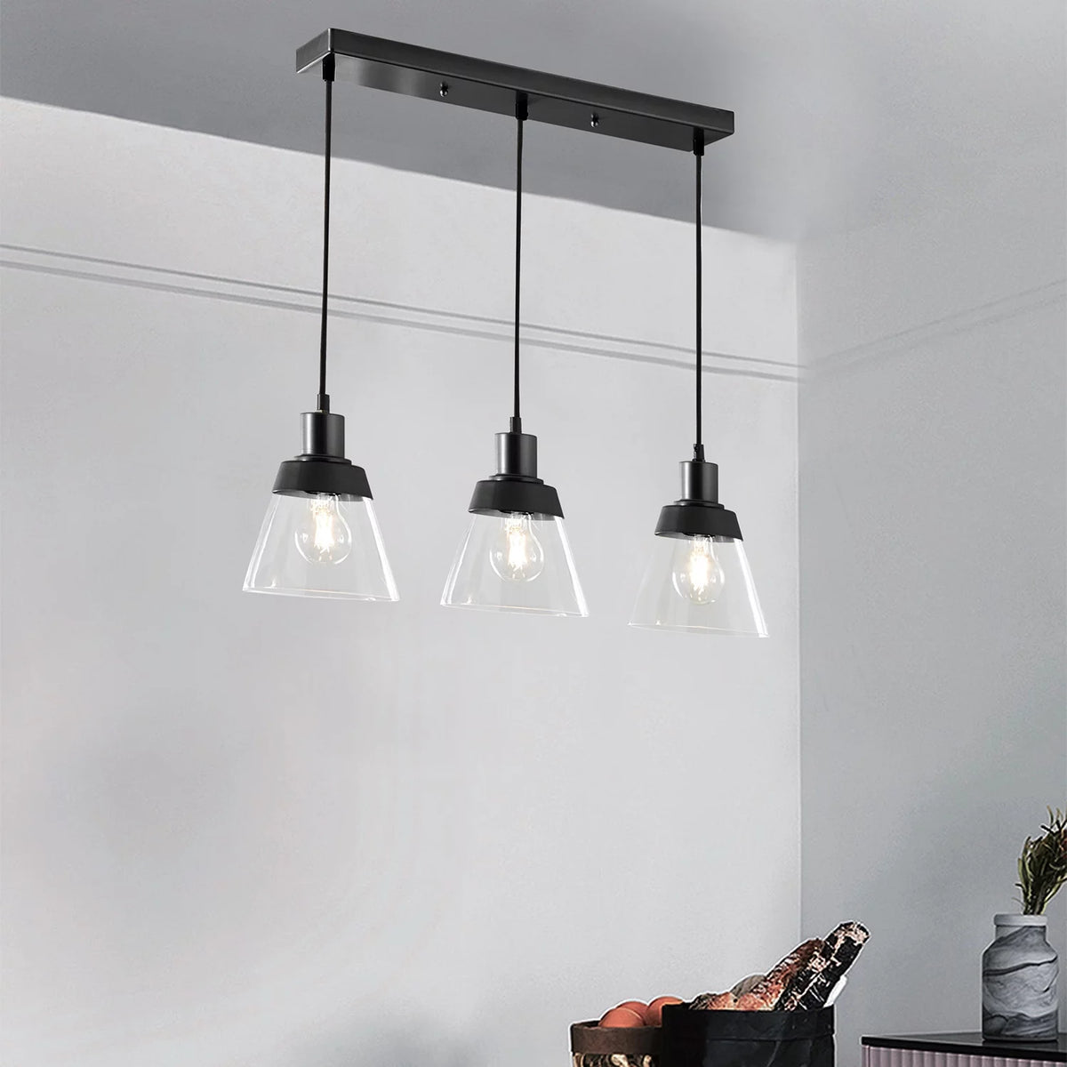 Black Finish Clear Glass 3-Light Island Pendant Light H70187