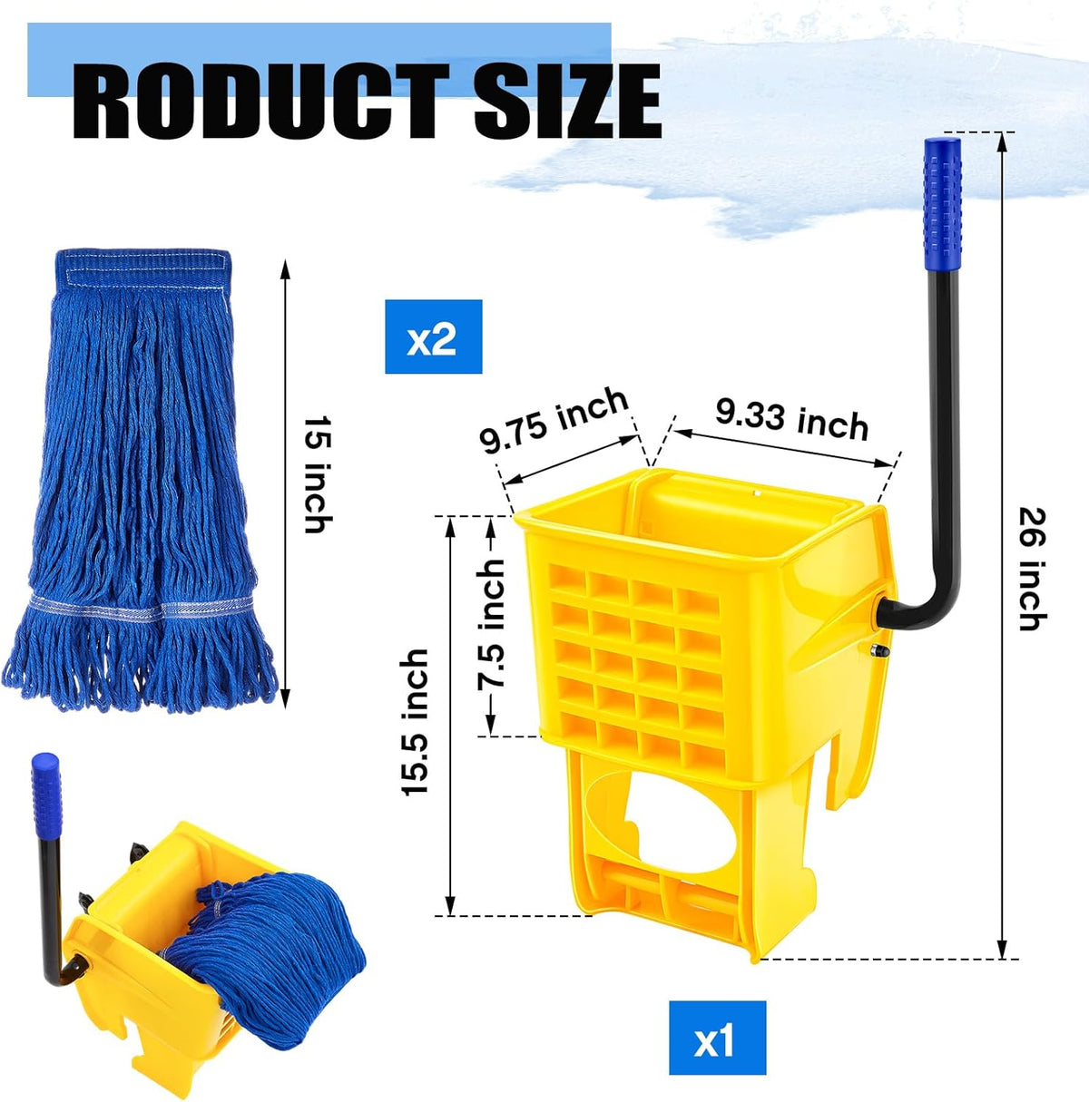 Yellow Mop Wringer with Handle, Blue Mop Head Refill B4919