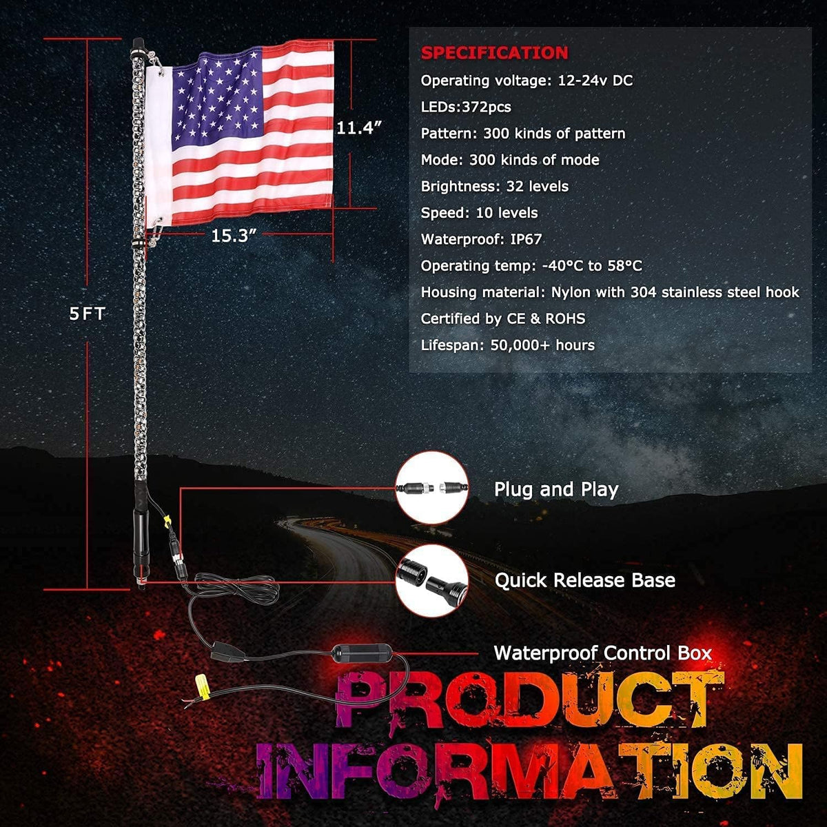 5FT RGB LED Whip Lights with Spring Base RF Remote Controlled Spiral Antenna U102