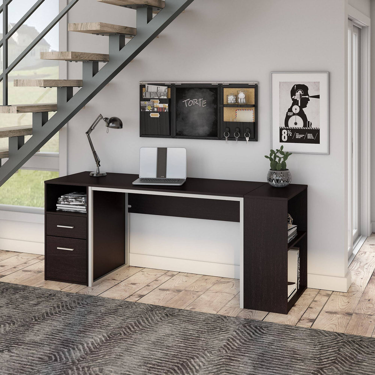Espresso Oak Computer Desk with File Cabinet and Bookcase C114
