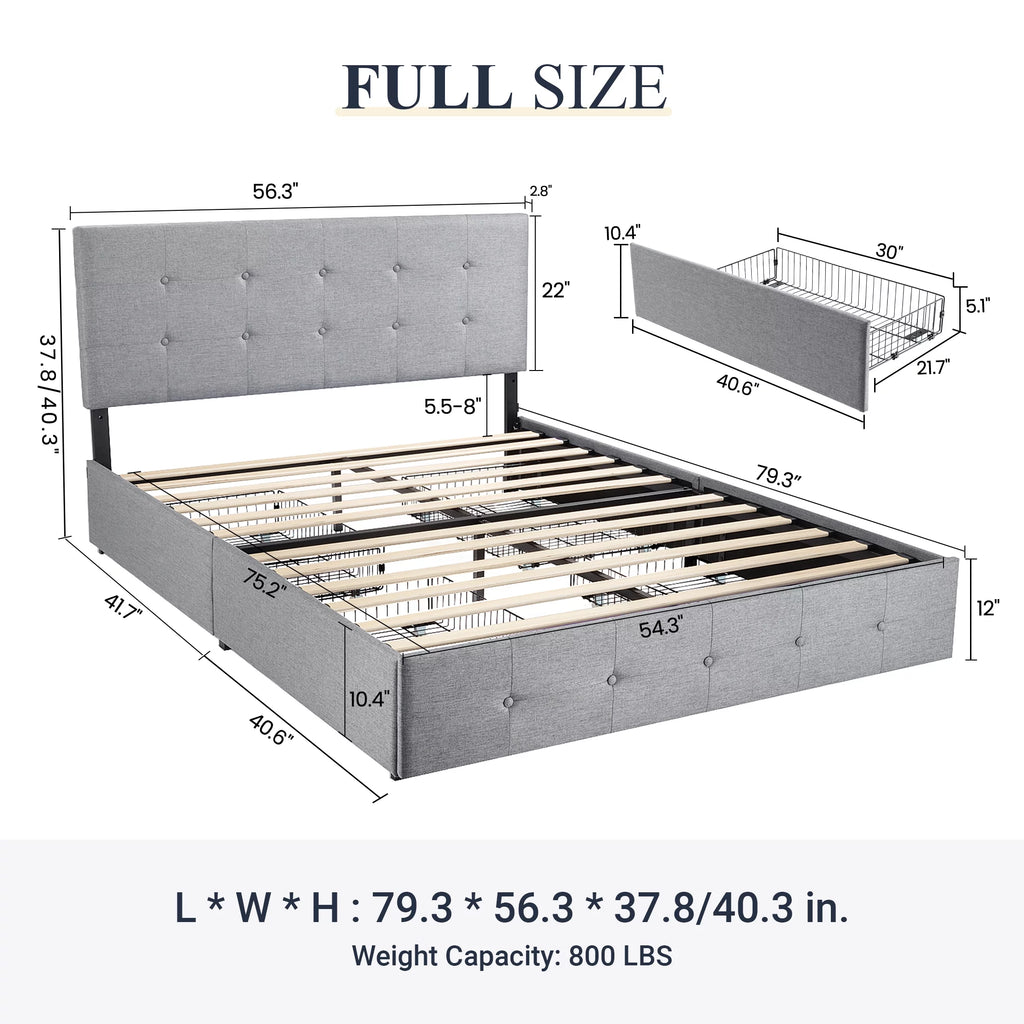 Light Grey Queen Platform Bed Frame with 4 Drawers Storage T1156