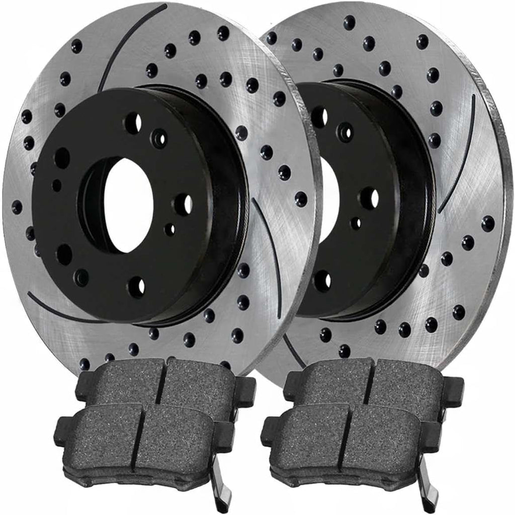 8pcs Ceramic Brake Pad Sets 4pcs Drilled and Slotted Rotors Kit Black T7845